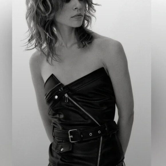 ZARA Black Leather Edgy Moto Biker Style Belted Strapless Tube Top Size S - Picture 3 of 9